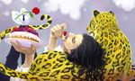  1boy animal bird black_hair cake eating enies_lobby facial_hair flower food fruit goatee hattori_(one_piece) leaning leopard lying male male_focus necktie on_back one_piece pigeon rob_lucci rose shirt solo strawberry white_shirt 