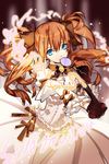  artist_request blue_eyes brooch candy dress food gloves hair_ribbon holding isfeldt jewelry lollipop lowres orange_hair pointing ribbon smile solo sword_girls twintails writing 