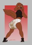  anthro biped breasts canine character_request clothing diaper dog feces female footwear looking_back mammal messy_diaper scat shirt shoes simple_background smallcircles soiling standing 