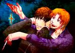  bad_id bad_pixiv_id blood brown_hair cross earrings fate/zero fate_(series) jewelry kotomine_kirei male_focus multiple_boys orange_hair sanada_(teketo) scalpel uryuu_ryuunosuke 