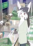  2018 canine clothed clothing female fluffy fluffy_tail fur grey_fur grey_hair hair happy hi_res holding_object inside looking_at_viewer mammal open_mouth red_eyes shopping solo standing taracod white_fur white_hair 