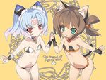  agarest_senki_(series) agarest_senki_mariage animal_ears bad_id bad_pixiv_id bikini blade_(galaxist) blue_eyes blue_hair brown_hair cat_ears flat_chest holding_hands kunka long_hair multiple_girls navel piadina red_eyes short_hair short_twintails smile swimsuit tail twintails 