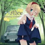  adapted_costume alice_margatroid aqua_eyes blonde_hair car character_name english ground_vehicle hairband motor_vehicle oinari_(tensaizoku) one_eye_closed short_hair skirt_hold sleeveless solo standing touhou tree 