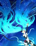  aqua_eyes aqua_hair arm_up big_hair blue_hair bridal_gauntlets closed_eyes elbow_gloves floating_hair gloves gradient_hair hatsune_miku hatsune_miku_(append) highres kappateki long_hair multicolored_hair music open_mouth outstretched_hand singing solo star_(sky) twintails very_long_hair vocaloid vocaloid_append 