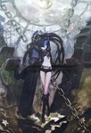  absurdres bikini_top black_rock_shooter black_rock_shooter_(character) blue_eyes burning_eye chain coat gloves highres huke long_hair midriff navel rock_cannon scar shorts solo twintails 