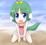  1girl animal_ears bare_shoulders barefoot blue_eyes blush braid child dog_days dog_ears eclair_martinozzi female green_hair happy loli looking_at_viewer open_mouth ribbon skirt swimsuit tail 