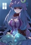  absurdres alternate_hair_color atori bad_id bad_pixiv_id blue_hair book bow breasts cleavage crescent hair_bow hat highres large_breasts long_hair long_sleeves open_mouth patchouli_knowledge puffy_sleeves purple_eyes sitting solo touhou very_long_hair window 