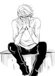  black_eyes crossover death_note fusion greyscale hands_on_own_face l_(death_note) male_focus monochrome narukami_yuu pants persona persona_4 sitting solo suta_furachina sweater 
