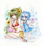  :d adapted_costume bikini blue_eyes blue_hair bowl breasts cirno cleavage dated flower green_hair hair_flower hair_ornament holding kazami_yuuka medium_breasts multiple_girls open_mouth plaid plaid_bikini red_eyes sakurai_haruto shaved_ice short_hair signature small_breasts smile sunflower swimsuit touhou traditional_media watercolor_(medium) watercolor_pencil_(medium) 