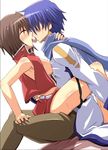  blue_hair breasts brown_hair eyes_closed kaito kiss meiko shin'ya_(nanp) shinya_(nanpp) sweat tongue vocaloid 