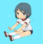  1girl blue_background blue_eyes blue_hair chibi full_body gym_uniform kneehighs looking_at_viewer mahou_shoujo_madoka_magica miki_sayaka outstretched_arms shoes simple_background sitting solo stretch tsuzuya_(knt31) 