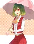  amazakesakumi1222 ascot belt fang green_hair kazami_yuuka long_sleeves open_mouth red_eyes short_hair solo touhou umbrella 
