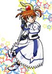  brown_hair fingerless_gloves gloves hair_ribbon highres lyrical_nanoha magical_girl mahou_shoujo_lyrical_nanoha mahou_shoujo_lyrical_nanoha_the_movie_1st monsterx purple_eyes raising_heart ribbon short_twintails solo staff star takamachi_nanoha twintails 