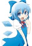  blue_eyes blush bow cirno fang hair_bow ice ice_wings open_mouth puffy_sleeves shimizyu short_hair short_sleeves solo touhou white_background wings 