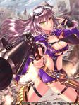  bad_id bad_pixiv_id blush breasts cleavage copyright_request fingerless_gloves gloves goggles gun handgun long_hair looking_back medium_breasts purple_hair ruins shingo_(picturepuzzle) solo weapon yellow_eyes 