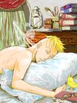  1boy bed bird blonde_hair book curtains glasses indoors lamp male male_focus marco one_piece pillow quill sleeping solo topless 