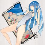  bangs beach blue_hair flat_chest food fruit kirisaki_suzume long_hair multiple_girls nakahara_(teriyaki) ocean one-piece_swimsuit one_eye_closed original swimsuit teriyaki water watermelon 