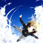  aksman bad_id bad_pixiv_id blonde_hair blue_eyes cloud day dog_tail erica_hartmann military military_uniform multicolored_hair smile solo strike_witches striker_unit tail uniform world_witches_series 