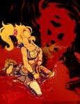  blonde_hair blood blood_splatter blue_eyes breasts candy chainsaw cheerleader cleavage crop_top duplicate flat_color food juliet_starling kneeling large_breasts lollipop lollipop_chainsaw long_hair metalhanzo miniskirt nick_carlyle severed_head skirt thighhighs twintails watermark web_address wristband 