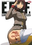  belt blush body_writing brown_eyes brown_hair cameltoe english gundam gundam_lost_war_chronicles headset highres kitahara_aki military military_uniform noel_anderson pantyhose pencil_skirt salute short_hair skirt solo uniform white_legwear 