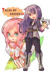  1girl :o belt black_eyes black_hair boots coat copyright_name estellise_sidos_heurassein full_body gloves green_eyes grey_footwear knee_boots left-handed long_hair pants pink_hair short_hair sword tales_of_(series) tales_of_vesperia weapon yuri_lowell yuzuma_(321353) 