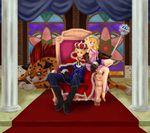  1girl bianca's_daughter bianca's_son boots borongo breasts brother_and_sister cape crown dragon_quest dragon_quest_v dress gloves high_heels jyakosan medium_breasts older shoes siblings sideboob staff stained_glass throne tiara 