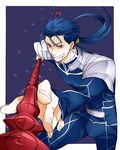  bad_id bad_pixiv_id blue_hair earrings fate/stay_night fate_(series) gae_bolg jewelry lancer long_hair male_focus oekaki-daisuki-dessu perspective polearm ponytail red_eyes solo spear weapon 