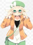  adjusting_eyewear bag bel_(pokemon) beret blonde_hair blush bow checkered checkered_background cowboy_shot glasses green_eyes hat jacket pokemon pokemon_(game) pokemon_bw2 rakkogawa_rinro semi-rimless_eyewear short_hair shoulder_bag smile solo thigh_gap under-rim_eyewear v-neck 