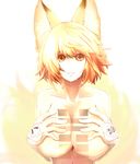  animal_ears blonde_hair breasts collarbone covering covering_breasts dearmybrothers fox_ears highres i_ching large_breasts nude short_hair solo tears touhou upper_body yakumo_ran yellow_eyes 