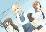  :d blonde_hair brown_eyes brown_hair cellphone dutch_angle hareta long_hair miwa_ai multiple_girls necktie oomuro-ke oomuro_nadeshiko open_mouth phone power_lines short_hair skirt sleeves_pushed_up smile sonokawa_megumi yaeno_miho yuru_yuri 