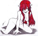  diclonius elfen_lied female hair hair_over_eye horn kneeling looking_at_viewer lucy not_furry nude plain_background red_eyes red_hair signature solo unknown_artist white_background 
