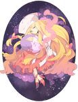  aria_r blonde_hair cattleya_(pokemon) dress elite_four frilled_dress frills gen_5_pokemon green_eyes hair_ornament hat heart high_heels holding long_hair musharna pokemon pokemon_(creature) pokemon_(game) pokemon_bw shoes smile star_(sky) very_long_hair 