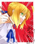  ahoge artoria_pendragon_(all) bad_id bad_pixiv_id casual chopsticks dress fate/stay_night fate_(series) green_eyes hair_bun hair_ribbon oekaki-daisuki-dessu open_mouth ribbon saber solo translated 