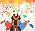  absurdres alternate_color bandana black_hair fingerless_gloves gen_3_pokemon gloves green_eyes hat highres holding holding_poke_ball latias latios male_focus poke_ball pokemon pokemon_(creature) pokemon_(game) pokemon_rse pumpkinpan shiny_pokemon smile yuuki_(pokemon) 