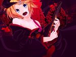  bad_id bad_pixiv_id bare_shoulders blonde_hair blue_eyes breasts cleavage electric_guitar guitar hair_ornament hairclip instrument japanese_clothes kagamine_rin medium_breasts open_mouth short_hair solo tengaku_(vocaloid) uryu vocaloid 