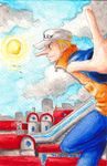  1boy baseball_cap building canal city hat jump jumping kaku_(one_piece) long_nose male male_focus one_piece outdoors raglan_sleeves scenery solo traditional_media water water_7 watercolor watercolor_(medium) 