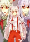  amazakesakumi1222 blue_hair bow dual_persona ex-keine fang fujiwara_no_mokou green_hair hair_bow horns kamishirasawa_keine long_hair long_sleeves multiple_girls open_mouth pants puffy_sleeves red_eyes silver_hair smile suspenders touhou very_long_hair 