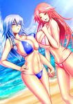  asymmetrical_docking beach bikini blue_bikini blue_eyes braid breast_press breasts cleavage cloud cloudy_sky day dutch_angle hair_ribbon hand_on_hip holding_hands hong_meiling huge_breasts izayoi_sakuya legs long_hair multiple_girls navel ocean open_mouth outdoors pink_bikini red_eyes red_hair ribbon sand silver_hair sky smile snappop string_bikini swimsuit thighs touhou twin_braids 