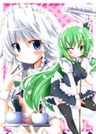  alternate_costume apron bad_id bad_pixiv_id black_legwear blue_eyes blush braid carrying cup enmaided frog_hair_ornament green_eyes green_hair hair_ornament hair_tubes ishimori_sakana izayoi_sakuya kochiya_sanae long_hair maid maid_headdress mop multiple_girls one_eye_closed open_mouth puffy_sleeves short_hair short_sleeves snake_hair_ornament sweatdrop teacup teapot thighhighs touhou tray twin_braids very_long_hair white_hair wristband 