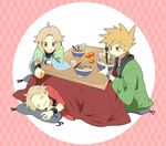  2boys alternate_costume blue_(pokemon) bowl brown_hair chopsticks drooling eating food fruit headwear_removed highres holding holding_bowl holding_chopsticks kotatsu long_hair mandarin_orange multiple_boys noodles ookido_green pokemon pokemon_(game) pokemon_frlg pumpkinpan red_(pokemon) red_(pokemon_frlg) sleeping smile table 