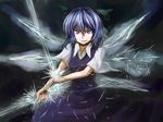  bad_id bad_pixiv_id blue_eyes blue_hair bow cirno crystal_sword dual_wielding grin hair_bow holding ice ice_wings magic ribbon shikkoku_(border_of_season) short_hair smile solo sword touhou weapon wings 