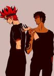  2boys amputee angry black_hair black_pants black_shirt earrings eustass_captain_kid facial_hair goatee goggles injury jewelry male male_focus multiple_boys one_piece pants pirate pixiv_thumbnail red_hair resized shirt standing tattoo trafalgar_law 