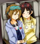  akiyama_mio alternate_hairstyle arablue black_eyes black_hair headphones heart hime_cut k-on! k-on!_movie long_hair multiple_girls short_hair sleeping tainaka_ritsu yuri 