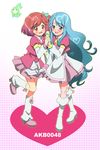  akb0048 blue_eyes blue_hair blush boots bow hair_bow heart legs long_hair microphone motomiya_nagisa multiple_girls open_mouth red_eyes red_hair short_hair sono_chieri sugise_satoshi very_long_hair 