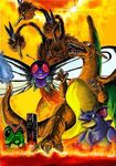  3_toes antennae avian beak building butterfly butterfly_wings butterfree caterpie caterpillar charizard claws dodrio dragon feathers fire giant godzilla_(series) horn insect kenn multi_head nidoqueen open_mouth parody pok&eacute;mon purple_eyes red_eyes teeth toe_claws tongue white_eyes wings yellow_eyes 