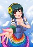  :d dress feathers flower green_hair hair_flower hair_ornament hairband headset idolmaster idolmaster_(classic) mole mole_under_mouth open_mouth otonashi_kotori outstretched_hand red_eyes shiina_you_(tomoshibi) smile solo sunflower 
