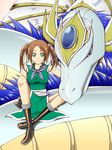  boots brown_hair china_dress chinese_clothes dragon dragon_quest dragon_quest_iii dress eastern_dragon fighter_(dq3) fingerless_gloves gloves green_eyes hair_ribbon highres kairyuuha ribbon scarf short_twintails smile twintails 