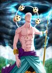  1boy blonde_hair earrings electricity enel jewelry looking_at_viewer male male_focus meissdes muscle one_piece outdoors pole skypiea solo standing topless weapon 