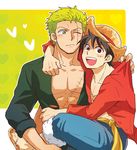  2boys black_hair climb duo green_hair hat heart hug male male_focus monkey_d_luffy multiple_boys one-eyed one_piece open_clothes open_shirt red_shirt robe roronoa_zoro shirt shorts straw_hat 