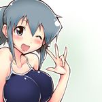 ;d blue_eyes blue_hair blush breasts cleavage competition_school_swimsuit gradient gradient_background hidamari_sketch kagami_uekusa large_breasts nori one-piece_swimsuit one_eye_closed open_mouth school_swimsuit short_hair simple_background smile solo swimsuit 